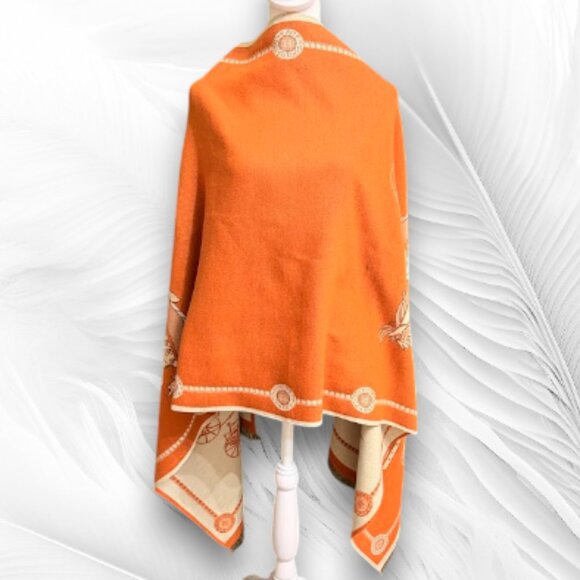 Reversible Equestrian Print Shawl Wrap – Orange & Cream, Soft Warm Cape - Picture 3 of 9